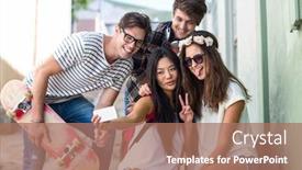 Presentation with hip - Slide deck consisting of hip friends taking selfie sitting on steps in the city background and a coral colored foreground