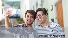  Presentation with hip - Colorful PPT layouts enhanced with hip friends taking selfie on the street backdrop and a light blue colored foreground