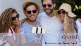  Presentation with hip - Presentation design enhanced with hip friends taking selfie on the street background and a light blue colored foreground