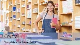 Presentation with book store - Slide set having mading books - portrait of confident saleswoman background and a light blue colored foreground
