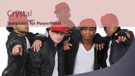  Presentation with hip hop - Colorful theme enhanced with hip hop style dancers posing wearing red hats backdrop and a coral colored foreground