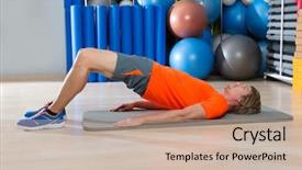  Presentation with gym ball - Presentation design having hip lift with blond man at gym workout with swiss ball background background and a coral colored foreground