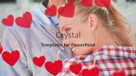  Presentation with hip - Presentation theme having hip young couple hugging each other against hearts hanging on a line background and a coral colored foreground