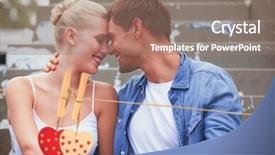  Presentation with hip - Beautiful presentation theme featuring hip young couple in denim sitting on steps against hearts hanging on the line backdrop and a coral colored foreground