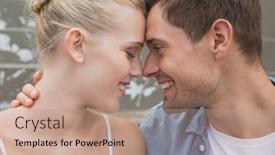  Presentation with hip - Presentation theme consisting of hip young couple sitting on steps smiling at each other on a sunny day in the city background and a coral colored foreground