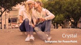  Presentation with hip - Slide deck featuring hip young couple sitting on skateboard kissing on a sunny day in the city background and a coral colored foreground