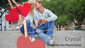  Presentation with hip - PPT theme consisting of hip young couple sitting on skateboard kissing against hearts hanging on a line background and a light gray colored foreground