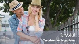  Presentation with hip - Audience pleasing slides consisting of hip young couple smiling at camera by railings on a sunny day in the city backdrop and a gray colored foreground