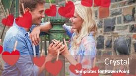  Presentation with hip - Amazing presentation having hip young couple smiling at each other by railings against hearts hanging on a line backdrop and a coral colored foreground