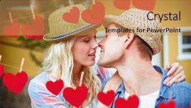  Presentation with couple kiss - Colorful presentation theme enhanced with hip young couple about to kiss against hearts hanging on a line backdrop and a yellow colored foreground