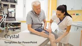  Presentation with patients - Colorful slides enhanced with hipertension - female doctor examining patients knee backdrop and a mint green colored foreground