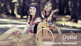  Presentation with hippie - Colorful presentation theme enhanced with hippie girls with guitar sitting on the road backdrop and a coral colored foreground