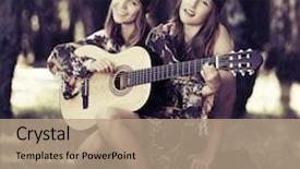 Presentation with hippie - Cool new PPT theme with hippie girls with guitar sitting on the stump backdrop and a coral colored foreground