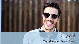  Presentation with headphones - Beautiful PPT theme featuring hipster - portrait of a young handsome backdrop and a light blue colored foreground