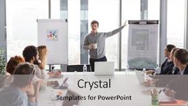  Presentation with project - Amazing presentation theme having hipster business man holding coffee cup and presenting the project in modern office backdrop and a light gray colored foreground