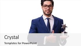  Presentation with award - Colorful PPT theme enhanced with hipster businessman receiving award isolated backdrop and a  colored foreground
