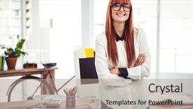 Presentation with office - Audience pleasing slide deck consisting of hipster businesswoman with arms cross backdrop and a  colored foreground