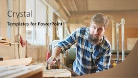  Presentation with wood joinery - Cool new PPT theme with hipster-carpenters-debarking-wood backdrop and a coral colored foreground