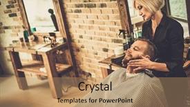  Presentation with barber shop - Audience pleasing PPT theme consisting of hipster client visiting barber shop backdrop and a coral colored foreground