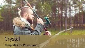  Presentation with fish river - Slide set consisting of hipster fisherman with a spinning rod catching fish on a river or lake man on a weekend hobby leisure and active summer and autumn concept rural background color filter background and a coral colored foreground