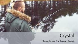  Presentation with fish river - Cool new PPT layouts with hipster fisherman with a spinning rod catching fish on a river or lake man on a weekend hobby leisure and active summer and autumn concept rural background color filter backdrop and a light gray colored foreground