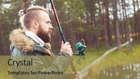  Presentation with fish river - Theme consisting of hipster fisherman with a spinning rod catching fish on a river or lake man on a weekend hobby leisure and active summer and autumn concept rural background color filter background and a yellow colored foreground