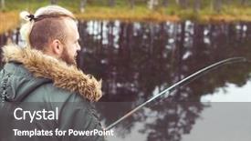  Presentation with fish river - PPT theme featuring hipster fisherman with a spinning rod catching fish on a river or lake man on a weekend hobby leisure and active summer and autumn concept rural background color filter background and a dark gray colored foreground