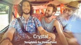  Presentation with road trip cars - Colorful PPT layouts enhanced with hipster friends on road trip backdrop and a coral colored foreground