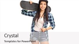  Presentation with camera - PPT layouts having hipster girl in blue checkered shirt holding a skateboard and looking at the camera isolated on white background background and a white colored foreground
