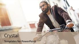  Presentation with electric bicycle - PPT layouts featuring hipster guy riding electric vintage background and a coral colored foreground