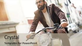  Presentation with electric bicycle - Slide deck with hipster guy riding electric vintage background and a mint green colored foreground