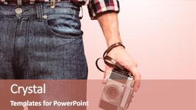  Presentation with light pink - Slide set featuring hipster man holding digital camera against light pink background and a coral colored foreground