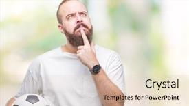  Presentation with idea light ball - PPT theme with hipster man holding soccer football background and a  colored foreground