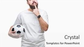  Presentation with idea - Slides featuring hipster man holding soccer football background and a  colored foreground