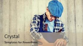  Presentation with oscar style - Cool new PPT layouts with hipster man looking for something backdrop and a  colored foreground