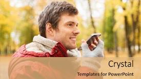  Presentation with recorder - Presentation theme featuring hipster man using voice command background and a coral colored foreground