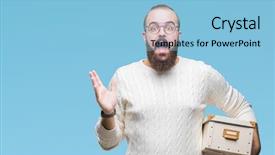  Presentation with young man wearing a hat - Amazing slide deck having hipster man wearing glasses moving backdrop and a light blue colored foreground