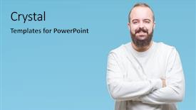  Presentation with army person pressing remote baton - Colorful slide deck enhanced with hipster man wearing sport cloth backdrop and a  colored foreground