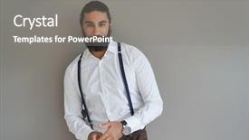  Presentation with old wite man and his music - Presentation design consisting of hipster man with suspenders standing background and a gray colored foreground