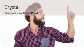  Presentation with upwards - Audience pleasing PPT layouts consisting of hipster pointing upwards against white background backdrop and a soft green colored foreground