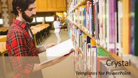 Presentation with university library - Colorful presentation theme enhanced with hipster student picking a book in library at the university backdrop and a coral colored foreground
