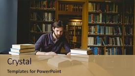  Presentation with university library - PPT theme enhanced with hipster student studying in library background and a coral colored foreground