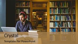  Presentation with university library - Audience pleasing presentation consisting of hipster student studying in library backdrop and a coral colored foreground