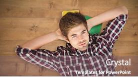  Presentation with bleached - Theme having hipster with hands behind head lying on hardwood floor against bleached wooden planks background background and a gray colored foreground