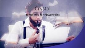  Presentation with pipe - Amazing presentation design having hipster with smoking pipe working on typewriter against white and grey background backdrop and a light blue colored foreground