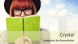  Presentation with book opening - Cool new PPT theme with hipster woman behind a green book against opening door in sky backdrop and a blonde colored foreground