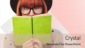  Presentation with beige book - Slide set featuring hipster woman behind a green book against rosa beige and white background and a lemonade colored foreground