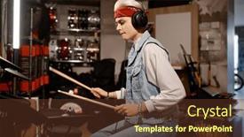  Presentation with drum - Theme featuring hipster-woman-musician-wearing-headphones background and a tawny brown colored foreground