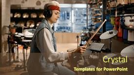  Presentation with drum - Slide deck having hipster-woman-musician-wearing-headphones background and a tawny brown colored foreground