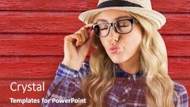  Presentation with kiss - Cool new slides with hipster woman with glasses sending a kiss with red wood background backdrop and a red colored foreground